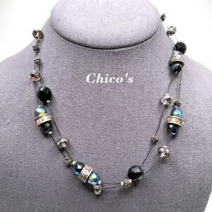 Chico's Black Wire Two Strand Bead Rhinestone Necklace, AB Beads, 19 Inches